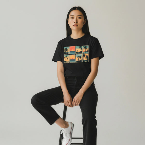 Sunset Palms Organic Grid Tee (Women – Black)