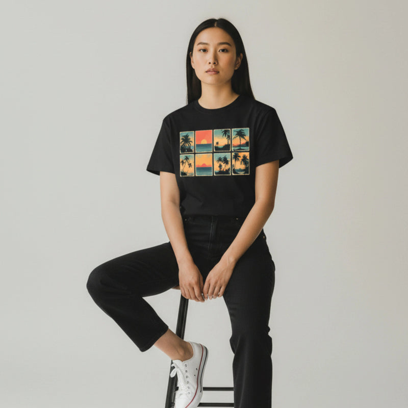 Sonnenuntergang Palmen Bio Grid T-Shirt (Damen – Schwarz)